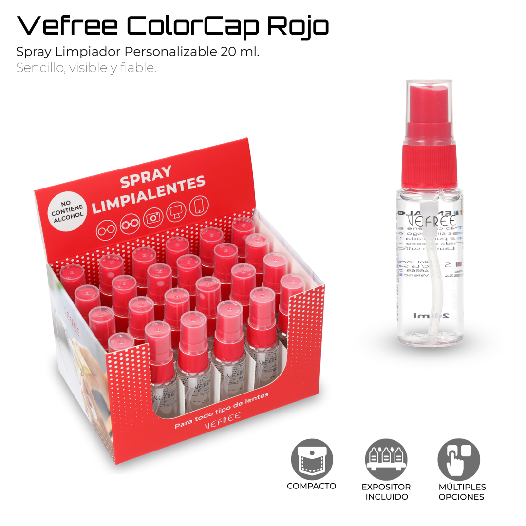 EXPOSITOR SPRAY LIMPIA GAFAS VEFREE 20ml ROJO 24uds
